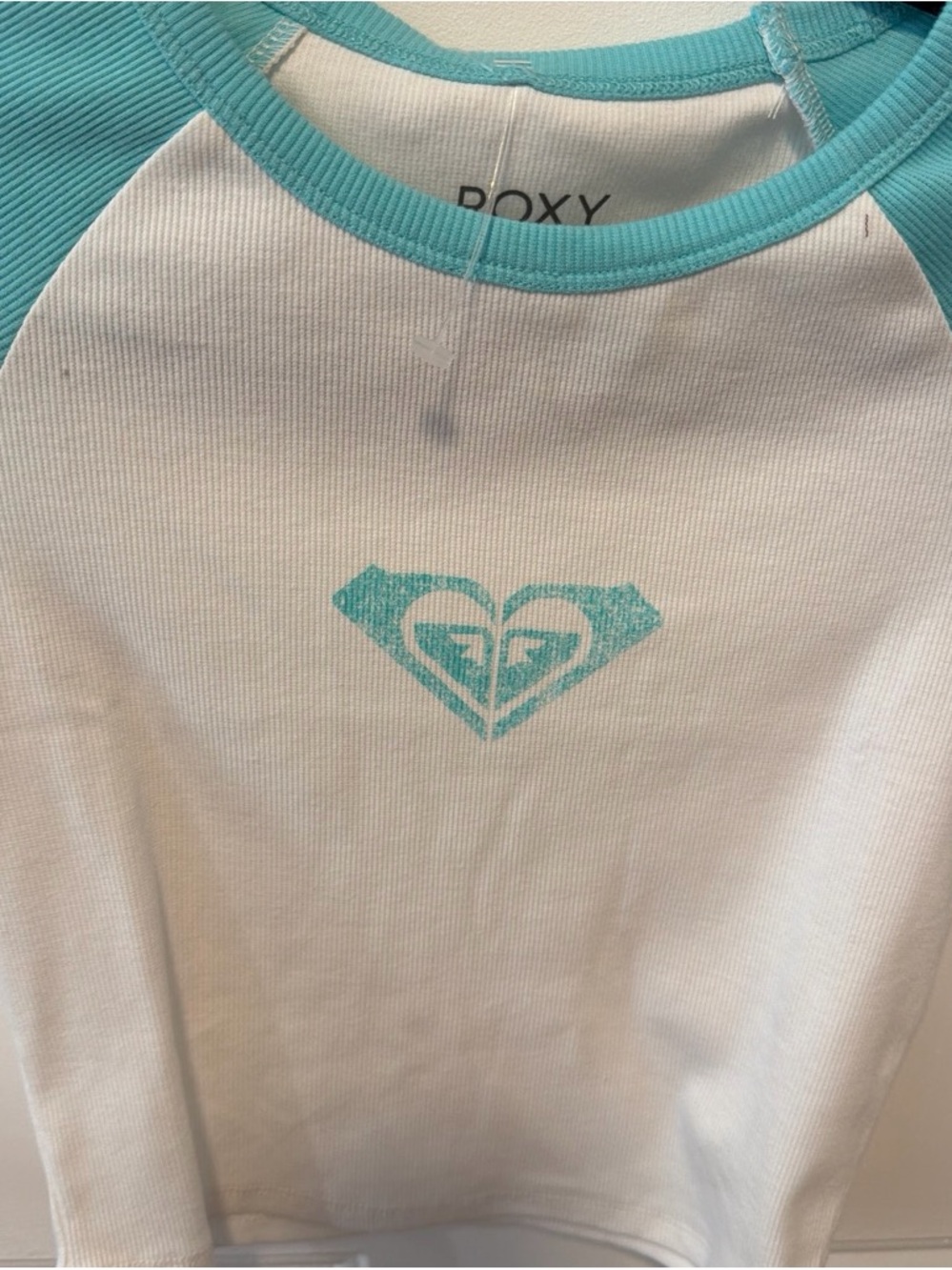 Roxy White Tee with Aqua Logo and Trim